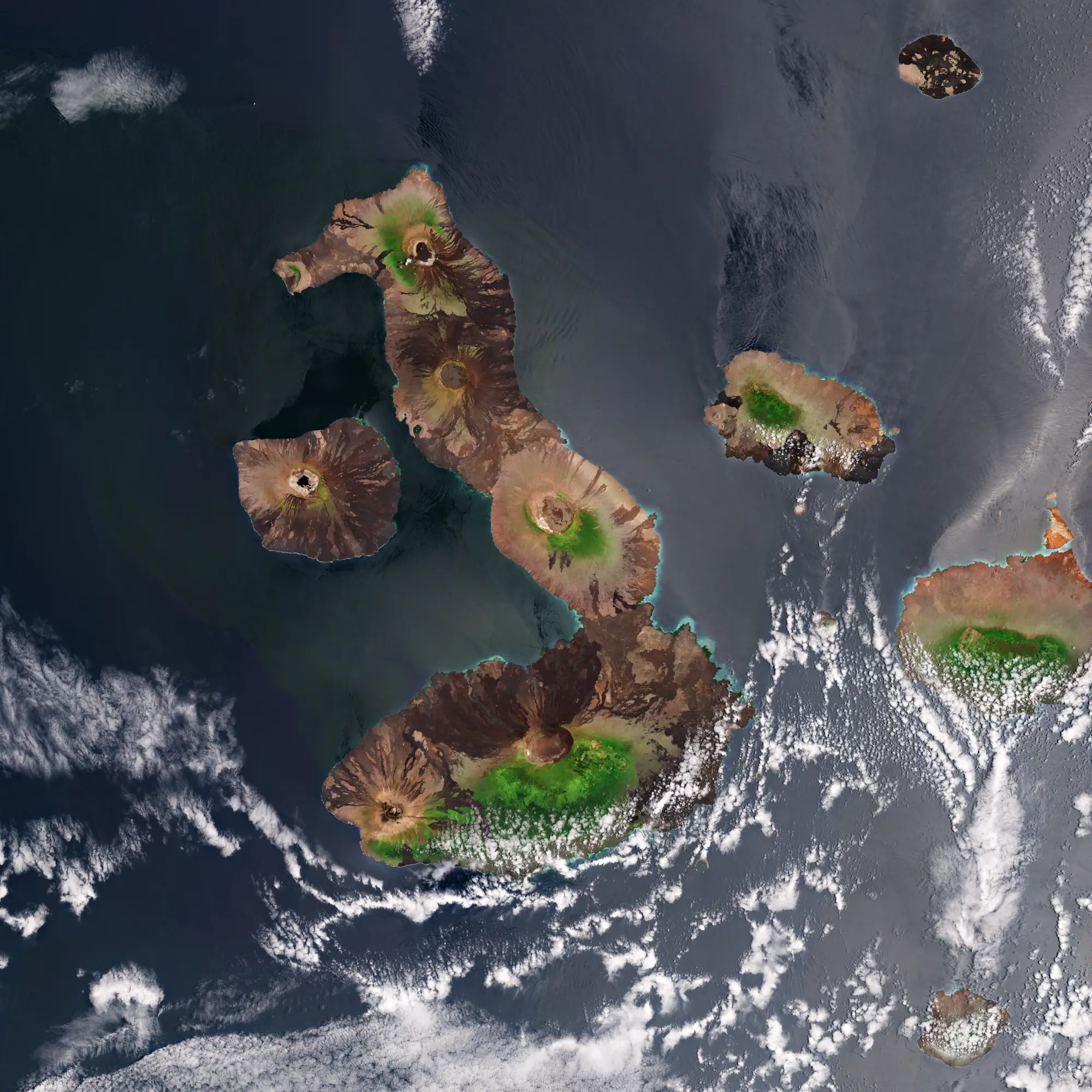 The photo shows the Galápagos Islands, a volcanic archipelago situated some 1000 km west of Ecuador in the Pacific Ocean, seen from space by the Copernicus Sentinel-2 mission.