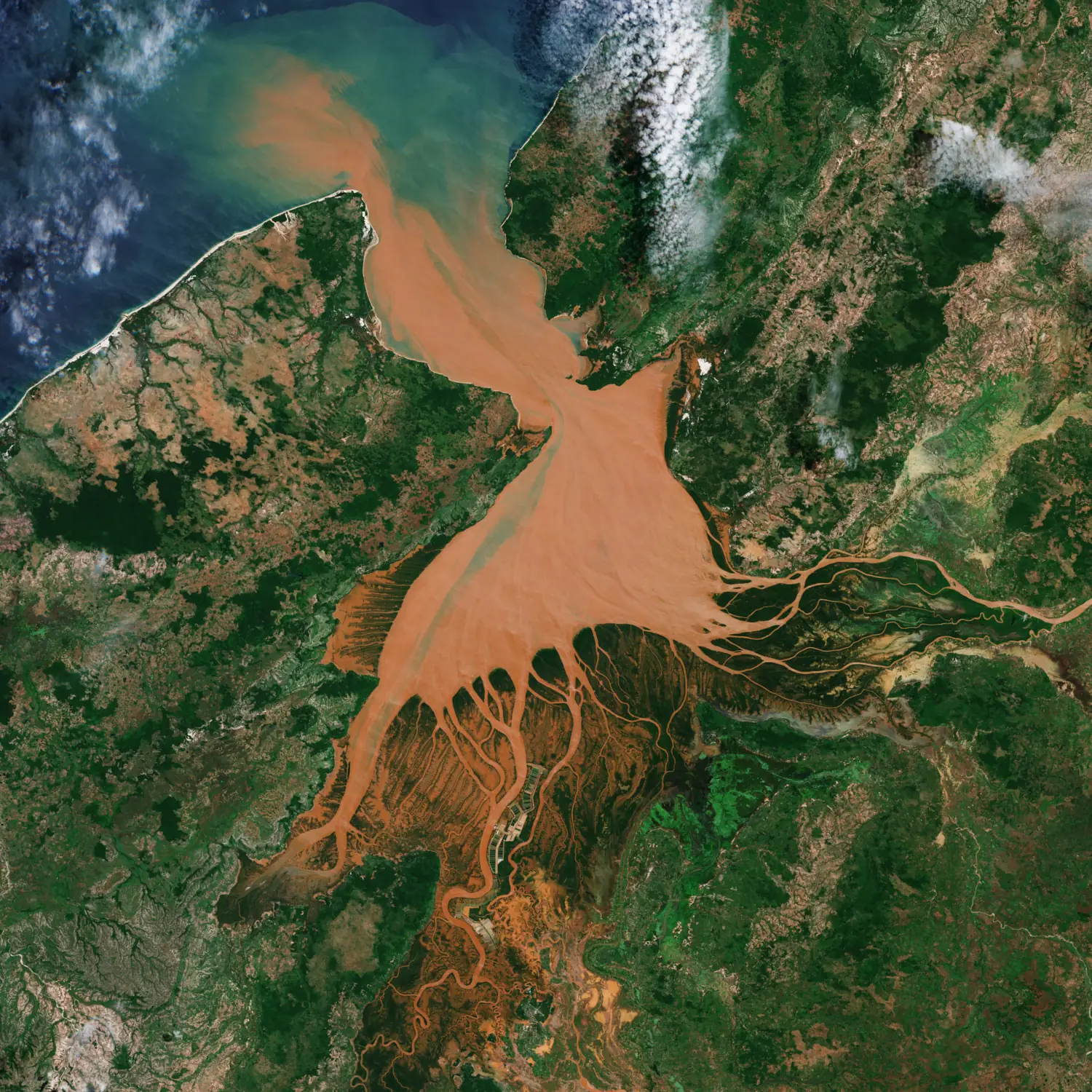 The photo shows the Mahajamba Bay in Madagascar resembling a reddish jellyfish formed by red sediment, captured by Copernicus Sentinel-2 from space.