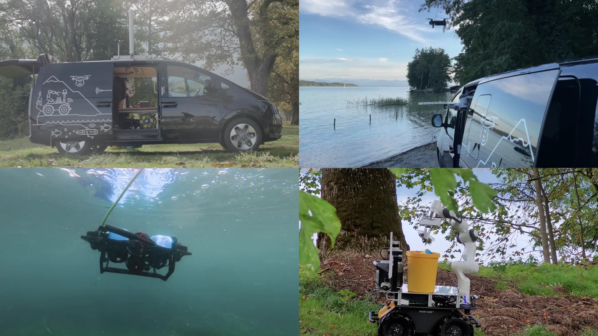 SVAN hub during an environmental robotics mission together with its robot team in air, water and on ground.